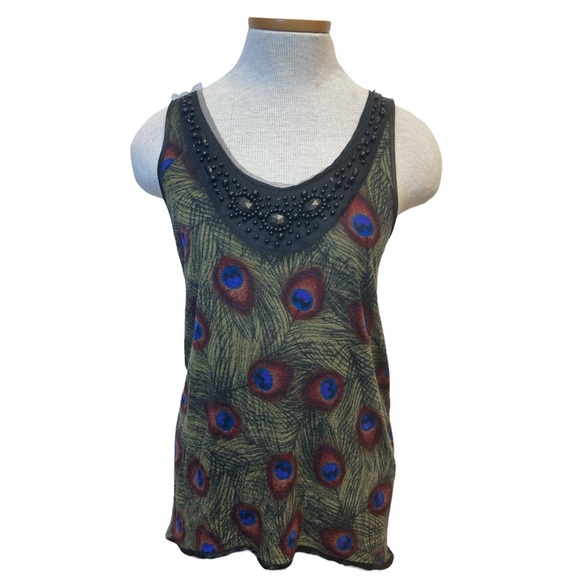Vintage Y2K h.i.p. Graphic Tank Top, Peacock, Beaded, Hi-Low, Women’s Large - Picture 1 of 6